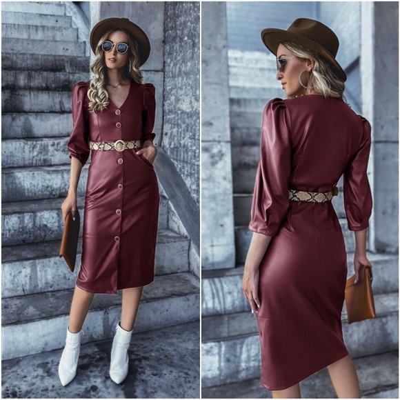wine  vneck vegan leather belt short sleeve dress - Picture 4 of 6